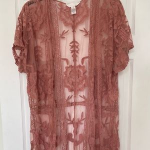 Lauren Conrad Pink Sheer Lace Kimono Robe
